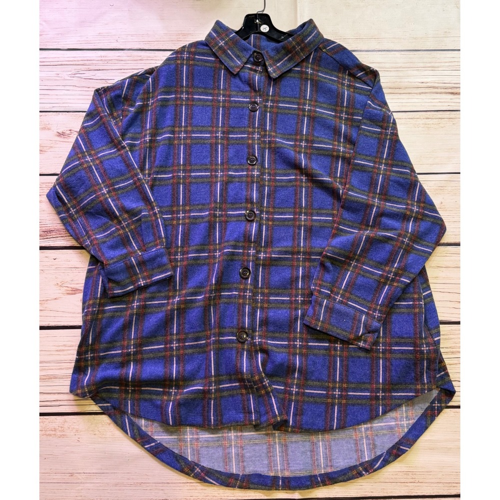 Zenana Blue Plaid Flannel Button Down Shirt High Low Hem 3X Oversized Sleeve